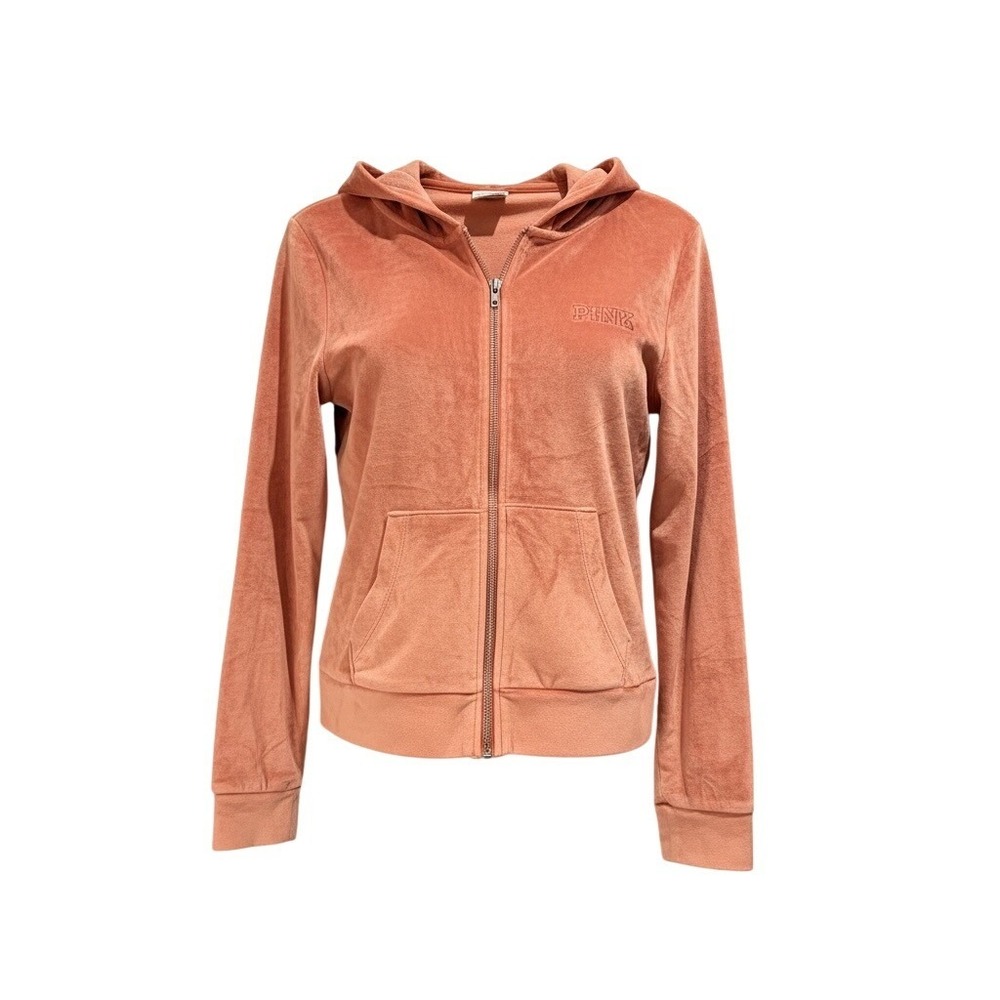Victoria's Secret PINK Velour Zip Hoodie Coral Emboidered Logo Jacket Small - Picture 2 of 11